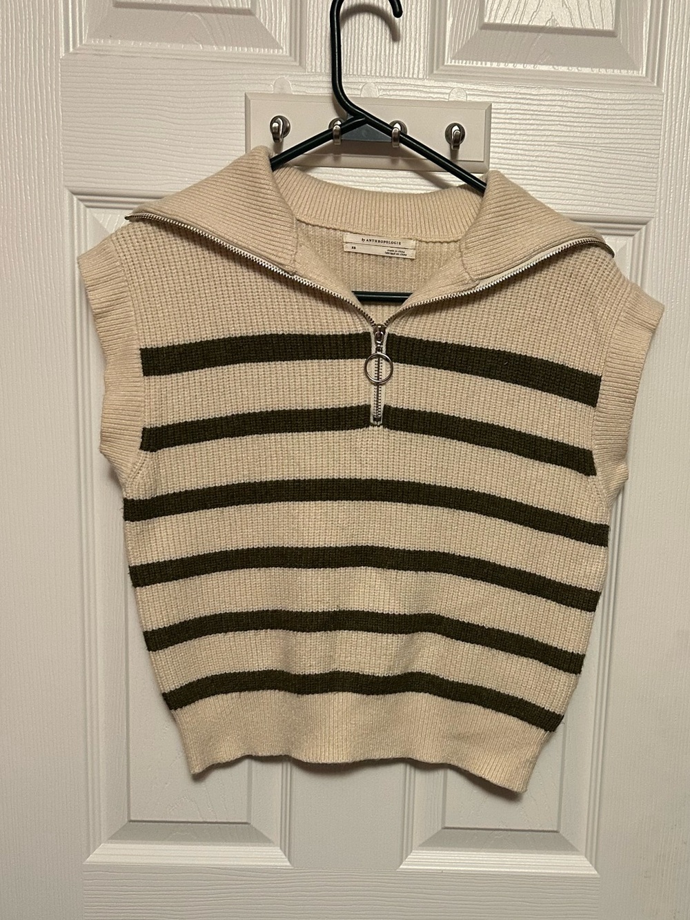 Anthropologie Cream and Olive Striped Half-Zip V-Neck Sweater Vest